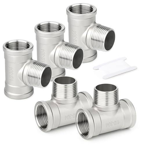 TAISHER 5PCS 304 Stainless Steel Tee Pipe Fittings 12 NPT Female x 12 NPT Male x 12 NPT Female Pipe Fittings Male Branch Tee - Image 1