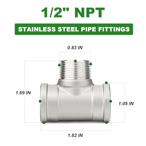 TAISHER 5PCS 304 Stainless Steel Tee Pipe Fittings 12 NPT Female x 12 NPT Male x 12 NPT Female Pipe Fittings Male Branch Tee - Image 3