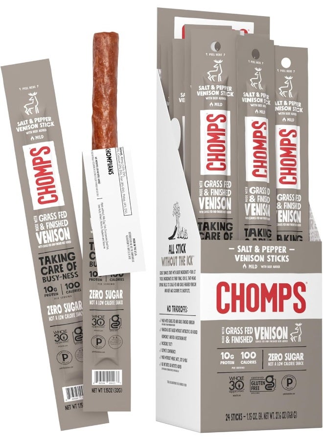 CHOMPS عصي وجبات خفيفة من لحم الغزال المدعوم بالعشب من تشومبس، كيتو وباليو، معتمدة من Whole30، غير معدلة وراثيًا، خالية من الغلوتين، خالية من السكر، خالية من النترات، وجبات خفيفة بــ 90 سعرة حرارية، 1.15 أونصة من لحم العصي، عبوة من 24 - Image 1
