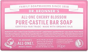 Dr. Bronner's Dr Bronners Cherry Blossom PureCastile Bar Soap Made with Organic Ingredients and Pure Essential Oils Used for Face Body and Hair Certified Fair Trade Vegan Friendly 140g Bar - Image 1