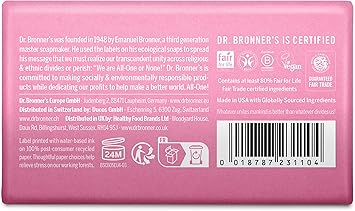 Dr. Bronner's Dr Bronners Cherry Blossom PureCastile Bar Soap Made with Organic Ingredients and Pure Essential Oils Used for Face Body and Hair Certified Fair Trade Vegan Friendly 140g Bar - Image 2