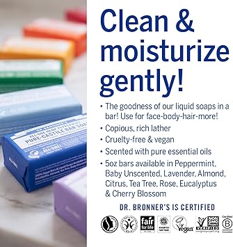 Dr. Bronner's Dr Bronners Cherry Blossom PureCastile Bar Soap Made with Organic Ingredients and Pure Essential Oils Used for Face Body and Hair Certified Fair Trade Vegan Friendly 140g Bar - Image 5