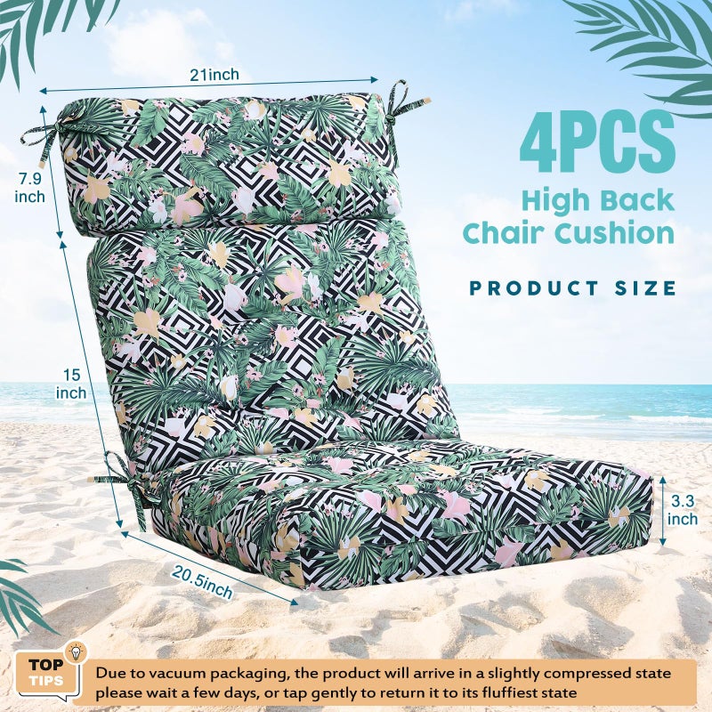 Barydat 4 Pcs Tufted High Back Chair Cushion Indoor Outdoor Seat and Back Cushions Palm Leaves Tropical Plants Lawn Rocking Chair Pads with Ties for Adirondack Patio Garden(Flower Style) - Image 2