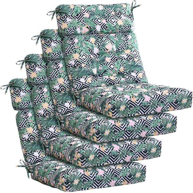 Barydat 4 Pcs Tufted High Back Chair Cushion Indoor Outdoor Seat and Back Cushions Palm Leaves Tropical Plants Lawn Rocking Chair Pads with Ties for Adirondack Patio Garden(Flower Style) - Image 1
