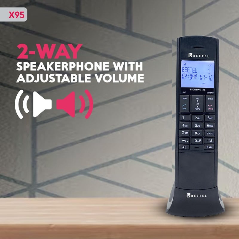 Beetel هاتف أرضي لاسلكي مصمم من طراز X95، مصمم بفخر في الهند، 2.4 جيجاهرتز، لون مزدوج، شاشة LCD زرقاء-بيضاء، هاتف مكبر صوت ثنائي الاتجاه، تحكم في الرنين والصوت، إجابة تلقائية، منبه (X95) (أسود/رمادي) - Image 3