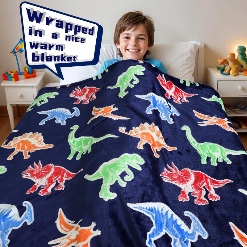 بورو Bororo Dinosaur Blanket Glow في البطانية المظلمة للأولاد Dino Gifts Toys Soft Kids بطانية لهدايا عيد ميلاد 50 × 60 بوصة - Image 2