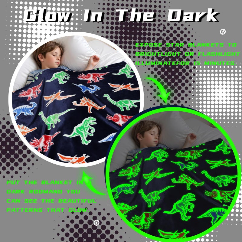 بورو Bororo Dinosaur Blanket Glow في البطانية المظلمة للأولاد Dino Gifts Toys Soft Kids بطانية لهدايا عيد ميلاد 50 × 60 بوصة - Image 5