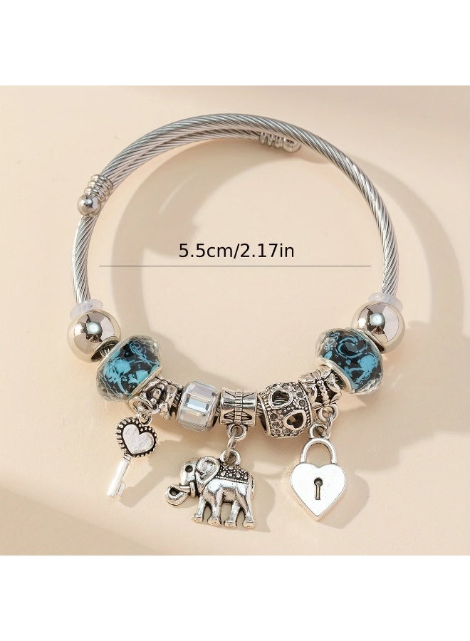 Goolsky 1pc Girl's Blue Big Flower Pattern Big Beads, Heart Shape Key Lock & Elephant & Key Dangle, Stretchable Stainless Steel Bangle Cute Jewelry, Ideal choice for Gifts - Image 5