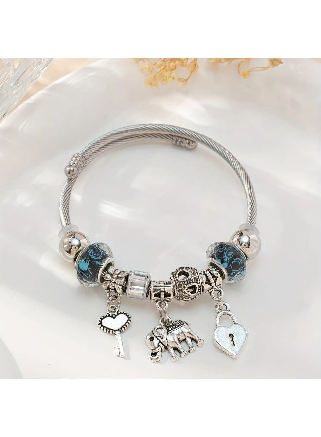 Goolsky 1pc Girl's Blue Big Flower Pattern Big Beads, Heart Shape Key Lock & Elephant & Key Dangle, Stretchable Stainless Steel Bangle Cute Jewelry, Ideal choice for Gifts - Image 3
