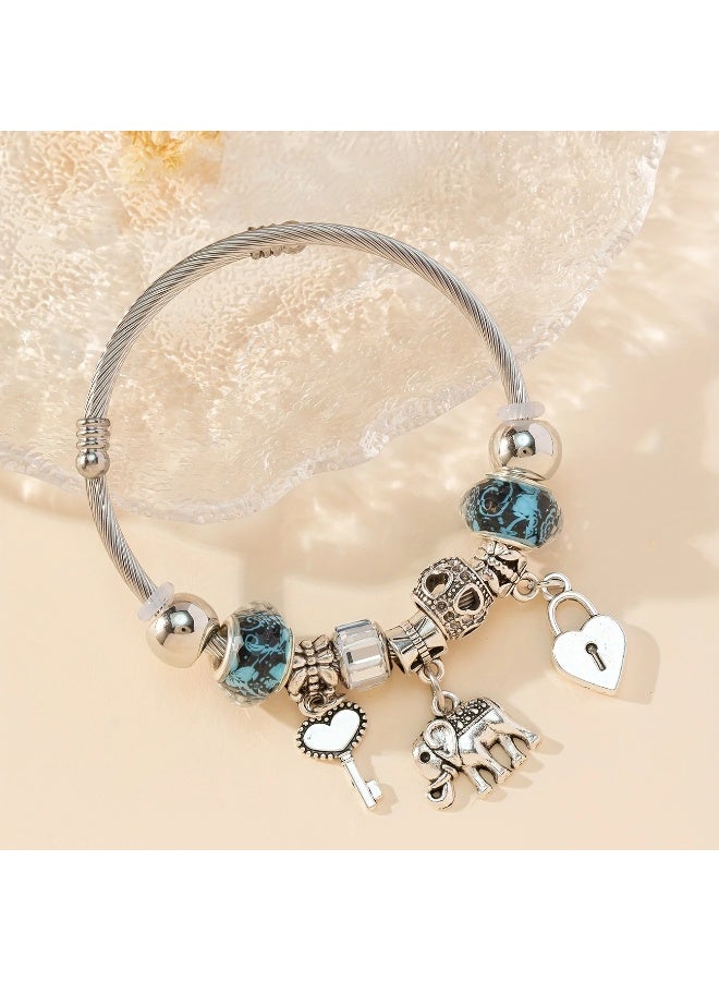 Goolsky 1pc Girl's Blue Big Flower Pattern Big Beads, Heart Shape Key Lock & Elephant & Key Dangle, Stretchable Stainless Steel Bangle Cute Jewelry, Ideal choice for Gifts - Image 1