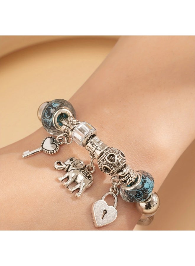 Goolsky 1pc Girl's Blue Big Flower Pattern Big Beads, Heart Shape Key Lock & Elephant & Key Dangle, Stretchable Stainless Steel Bangle Cute Jewelry, Ideal choice for Gifts - Image 2