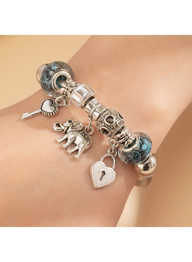 Goolsky 1pc Girl's Blue Big Flower Pattern Big Beads, Heart Shape Key Lock & Elephant & Key Dangle, Stretchable Stainless Steel Bangle Cute Jewelry, Ideal choice for Gifts - Image 4