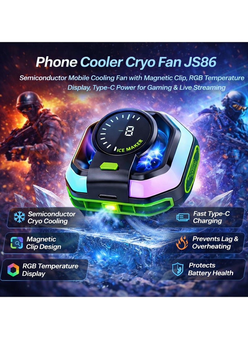 Phone Cooler Cryo Fan JS86 – Semiconductor Mobile Cooling Fan with Magnetic Clip, RGB Temperature Display, Type-C Power for Gaming & Live Streaming - Image 1