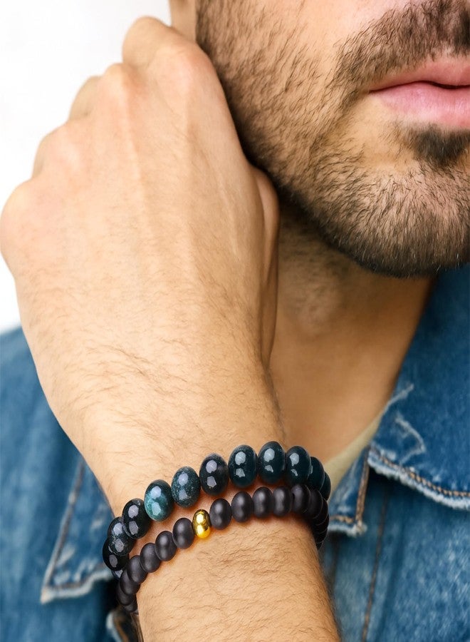 CARITATE Green Beaded Bracelets for Men Boys: 6mm/8mm Green Malachite Black Onyx Beads Mens Bracelet Set Mens Jewelry - Cool Anniversary Valentines Fathers Birthday Gifts for Him Boyfriend Husband Man Son Dad - Image 3