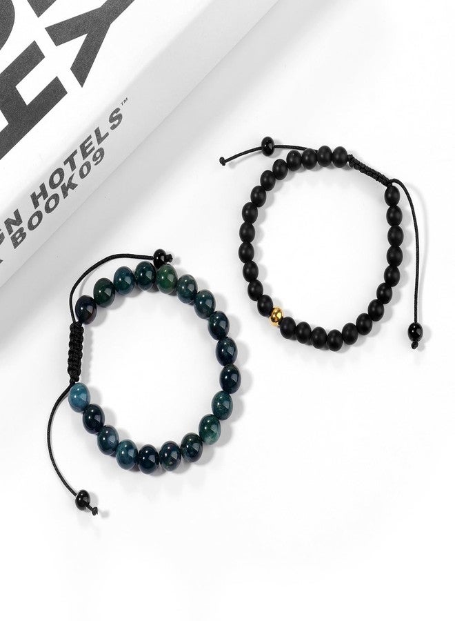 CARITATE Green Beaded Bracelets for Men Boys: 6mm/8mm Green Malachite Black Onyx Beads Mens Bracelet Set Mens Jewelry - Cool Anniversary Valentines Fathers Birthday Gifts for Him Boyfriend Husband Man Son Dad - Image 2