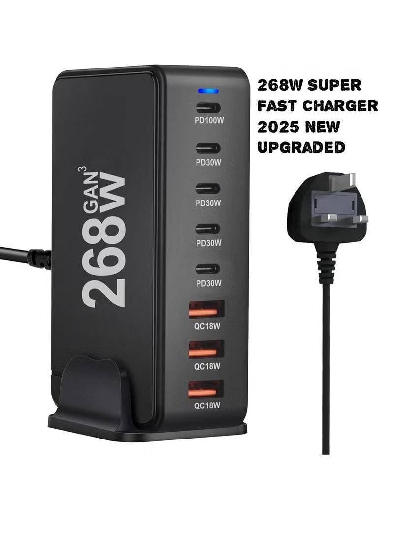 TIGER 268W Multi-Port USB C Fast Charger with 8-Port Charging Station | GaN Wall Charger Adapter with USB-A & Type-C Outputs | High-Speed Charging for Laptops, Phones, Tablets & More | UK Plug Power Strip – Portable, Safe & Efficient – Black  - Image 1