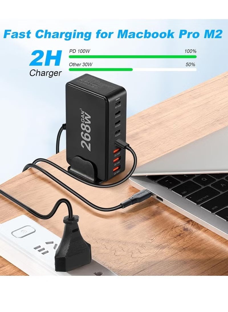 TIGER 268W Multi-Port USB C Fast Charger with 8-Port Charging Station | GaN Wall Charger Adapter with USB-A & Type-C Outputs | High-Speed Charging for Laptops, Phones, Tablets & More | UK Plug Power Strip – Portable, Safe & Efficient – Black  - Image 4
