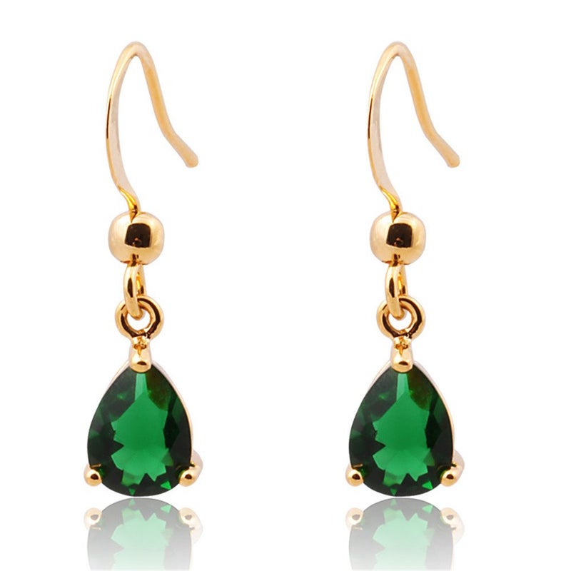 RIZILIA Dangle Drop Pierced Earrings with Pear Cut CZ [Simulated Green Emerald] in Yellow Gold Plated, Simple Modern Elegant - Image 1