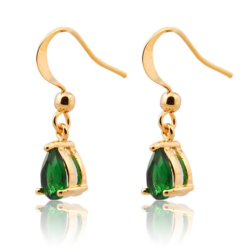 RIZILIA Dangle Drop Pierced Earrings with Pear Cut CZ [Simulated Green Emerald] in Yellow Gold Plated, Simple Modern Elegant - Image 2