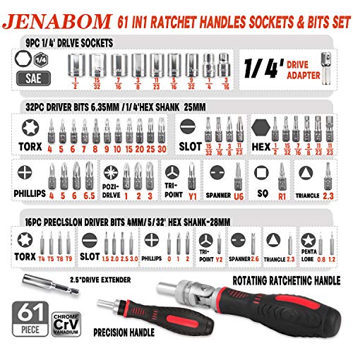 JENABOM 61 in 1 Ratcheting Screwdriver Set, Magnetic Screwdriver Bit Set with Rotatable Ratchet Handles, Sockets & Bits, Household Repair Tool Kits for Computers, Electronic Devices, Furniture - Image 2