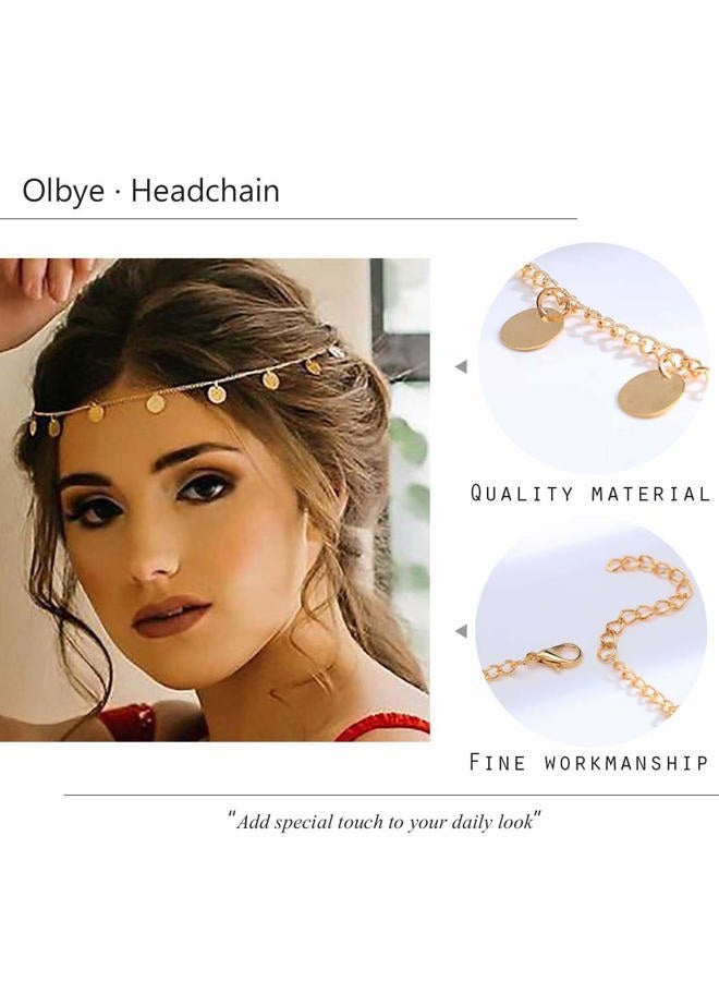 Olbye سلسلة رأس ذهبية بوهيمية مع خيوط لامعة صغيرة وقطع نقدية لعرائس الشعر للنساء والفتيات، إكسسوارات شعر ذهبية - Image 4