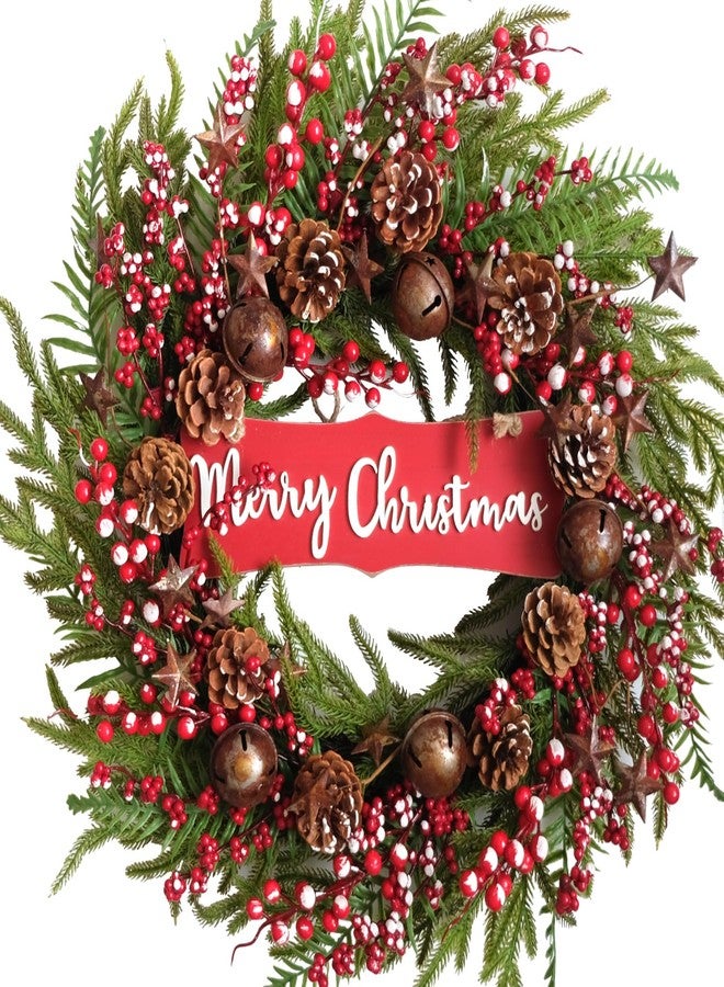 idyllic 24 inch Artificial Christmas Wreath Winter Front-Door Wreath with Pine Cones Red Berry Bells， Full Decoration Wreath for Indoor Outdoor Farmhouse Home Wall Window Festival Wedding Decor - Image 1