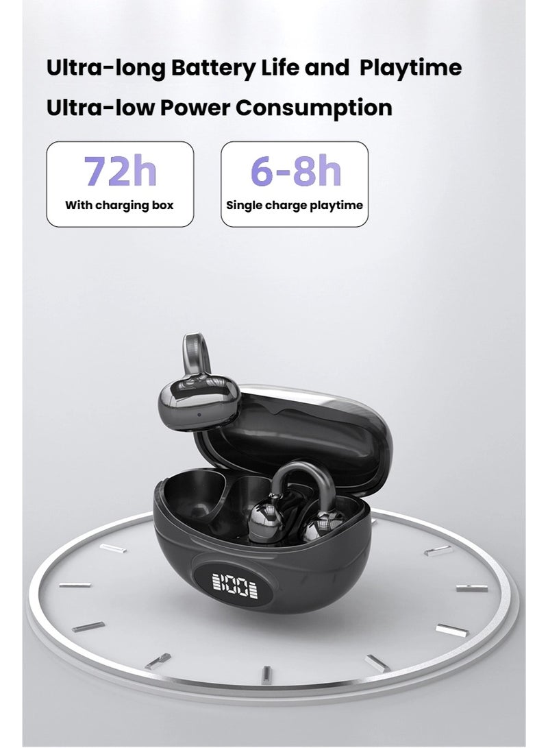 True Wireless Bluetooth 5.4 Black Open Ear-clip Earbuds Earphones with Charging Case, Compact LED Display  Bluetooth 5.4 OWS  Open Ear Clips Earbud Earphone with Charging Box, Bluetooth 5.4 Touch Control Power Display OWS 72h Playtime Ear-clip with Charging Case - Image 3