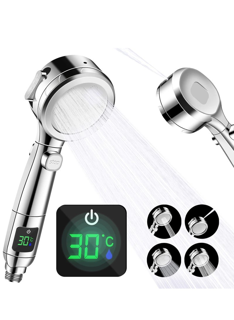 SYOSI Shower Head Water Saving Shower Head with Pressure Increase 4 Jet Settings, Universal Large Energy Shower Head Temperature Display One Button Pause Switch  - Image 1
