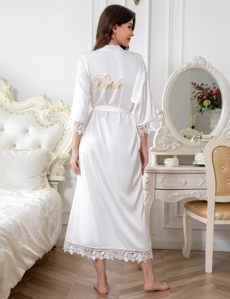 Kihnop Women's Long Bride Robes Plus Size Bridal Robes for Bride Long Robes with Lace Trim - Image 4