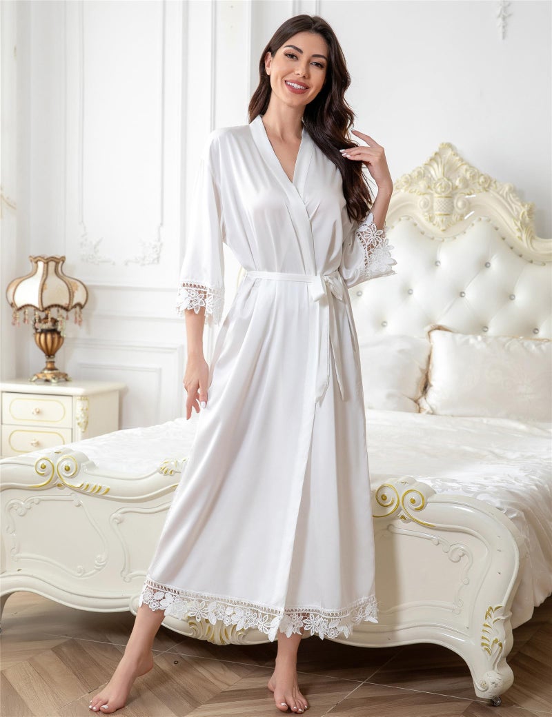 Kihnop Women's Long Bride Robes Plus Size Bridal Robes for Bride Long Robes with Lace Trim - Image 3