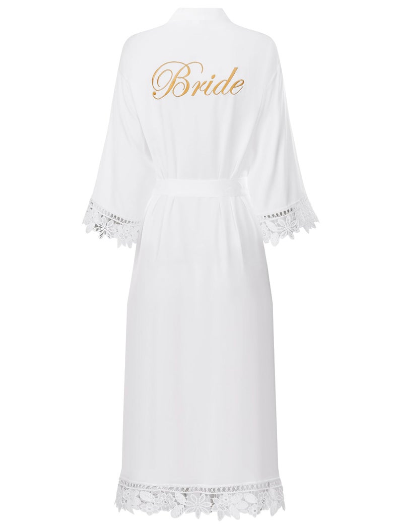 Kihnop Women's Long Bride Robes Plus Size Bridal Robes for Bride Long Robes with Lace Trim - Image 1