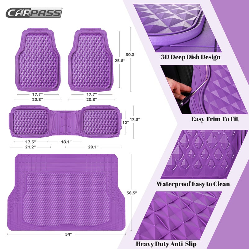 CAR PASS Heavy Duty Rubber Purple Car Floor Mats & Cargo Liners, Deep Dish All-Weather Trunk Mats Durable Anti-Slip 3D Rhombus Waterproof Trim to Fit Liner Universal Fit Auto,Sedan,SUV,Truck, Purple - Image 3