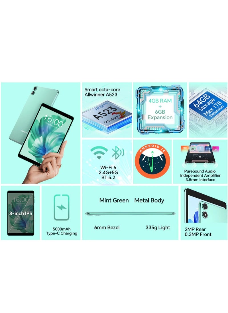 Teclast P85T Android 14 Tablet 8 Inch IPS Display with 4+6GB RAM, 64GB ROM, A523 8-Core Processor, Widevine L1, Wi-Fi 6, Type-C, and 5000mAh Battery
