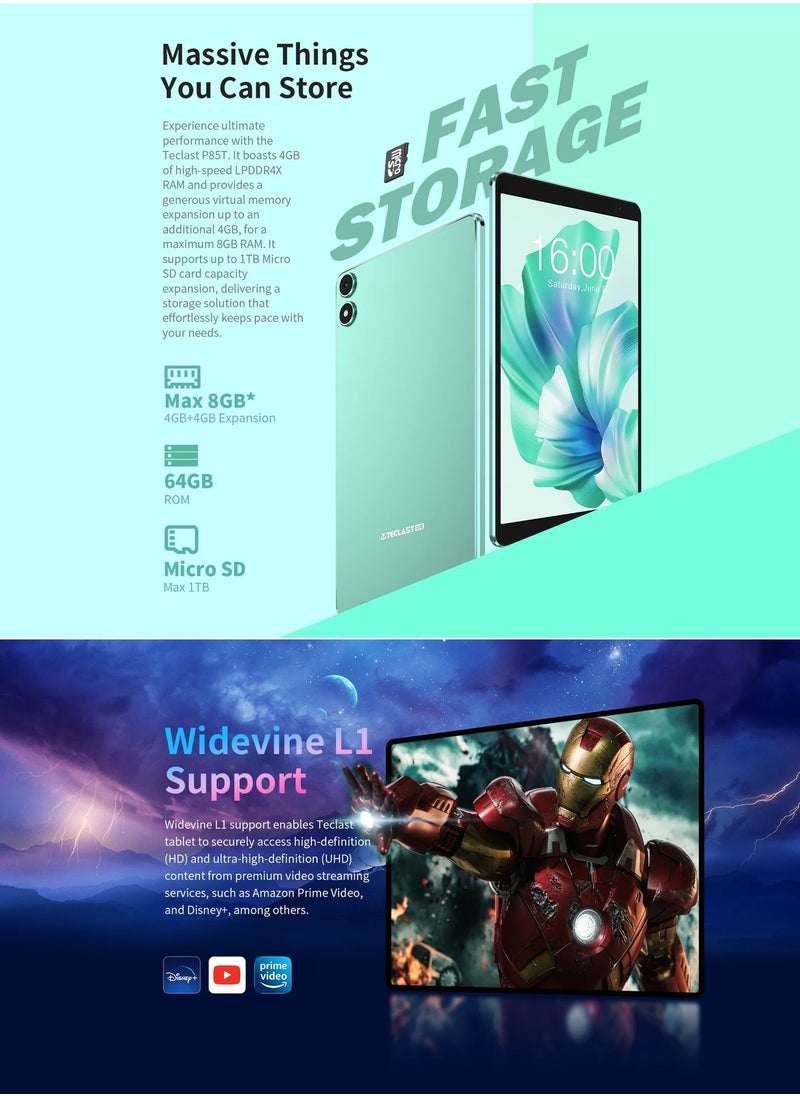 Teclast P85T Android 14 Tablet 8 Inch IPS Display with 4+6GB RAM, 64GB ROM, A523 8-Core Processor, Widevine L1, Wi-Fi 6, Type-C, and 5000mAh Battery