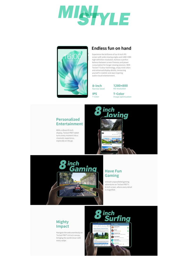 Teclast P85T Android 14 Tablet 8 Inch IPS Display with 4+6GB RAM, 64GB ROM, A523 8-Core Processor, Widevine L1, Wi-Fi 6, Type-C, and 5000mAh Battery