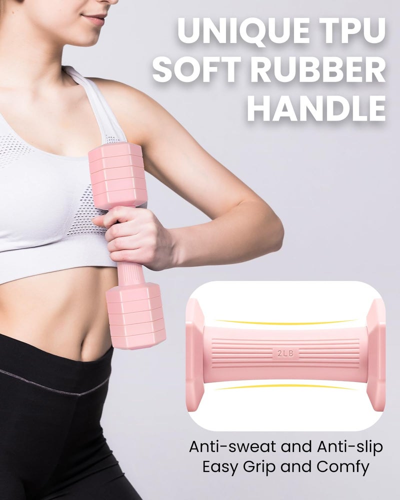 Fragraim Adjustable Dumbbells Set, 4 in 1 Hand Weights Set for Women Men 12 LB Dumbbell Pair Each 2lbs 3lbs 4lbs 5lbs 6lbs Weights Dumbbells Set with TPU Soft Rubber Handle for Home Gym - Pink - Image 3