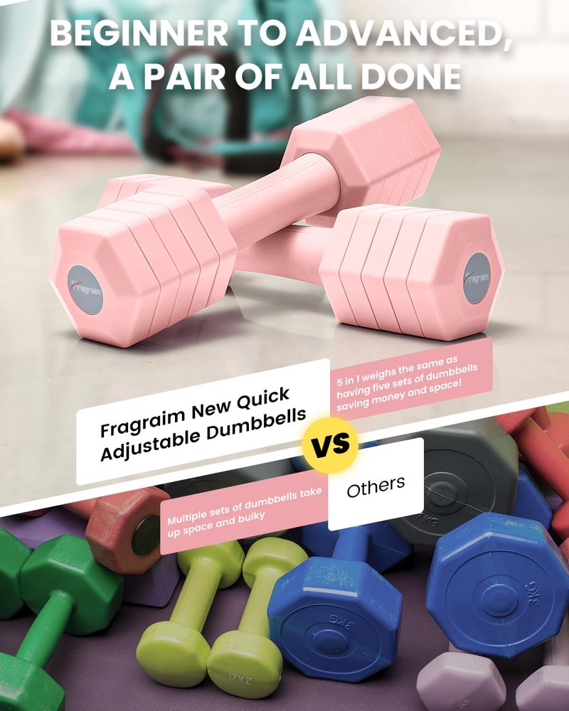 Fragraim Adjustable Dumbbells Set, 4 in 1 Hand Weights Set for Women Men 12 LB Dumbbell Pair Each 2lbs 3lbs 4lbs 5lbs 6lbs Weights Dumbbells Set with TPU Soft Rubber Handle for Home Gym - Pink - Image 5