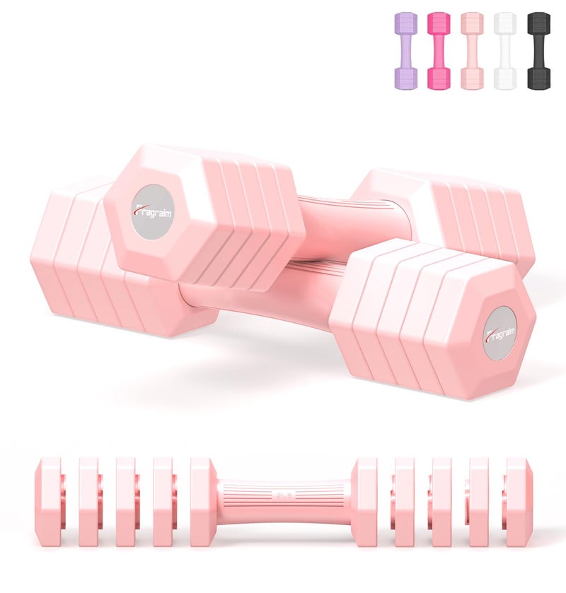 Fragraim Adjustable Dumbbells Set, 4 in 1 Hand Weights Set for Women Men 12 LB Dumbbell Pair Each 2lbs 3lbs 4lbs 5lbs 6lbs Weights Dumbbells Set with TPU Soft Rubber Handle for Home Gym - Pink - Image 1