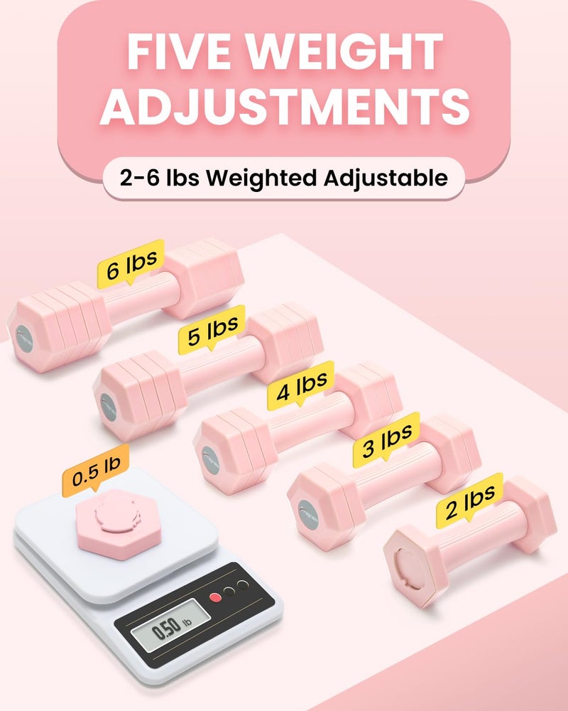 Fragraim Adjustable Dumbbells Set, 4 in 1 Hand Weights Set for Women Men 12 LB Dumbbell Pair Each 2lbs 3lbs 4lbs 5lbs 6lbs Weights Dumbbells Set with TPU Soft Rubber Handle for Home Gym - Pink - Image 2