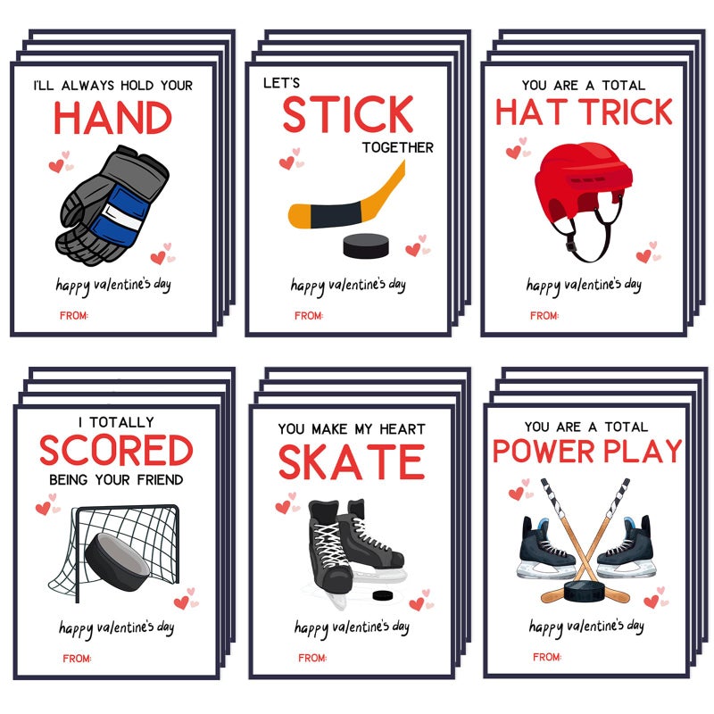 Demonwer 24 Pcs Valentines Cards Ice Hockey Greeting Card Valentine's Cards Gifts for Exchange School Classroom Prize Goody Bag Favors - Image 1