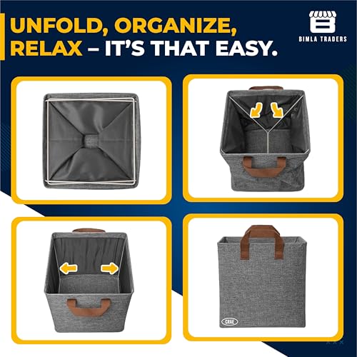 CRAE Pack of 1 Storage Baskets (46L x 27W x 19H CM) Non-Woven Foldable Wardrobe Organizer with Metal Frame Rectangle, Storage Box with Handles for Clothes, Books, Toys, Blankets & Closet Use. - Image 3