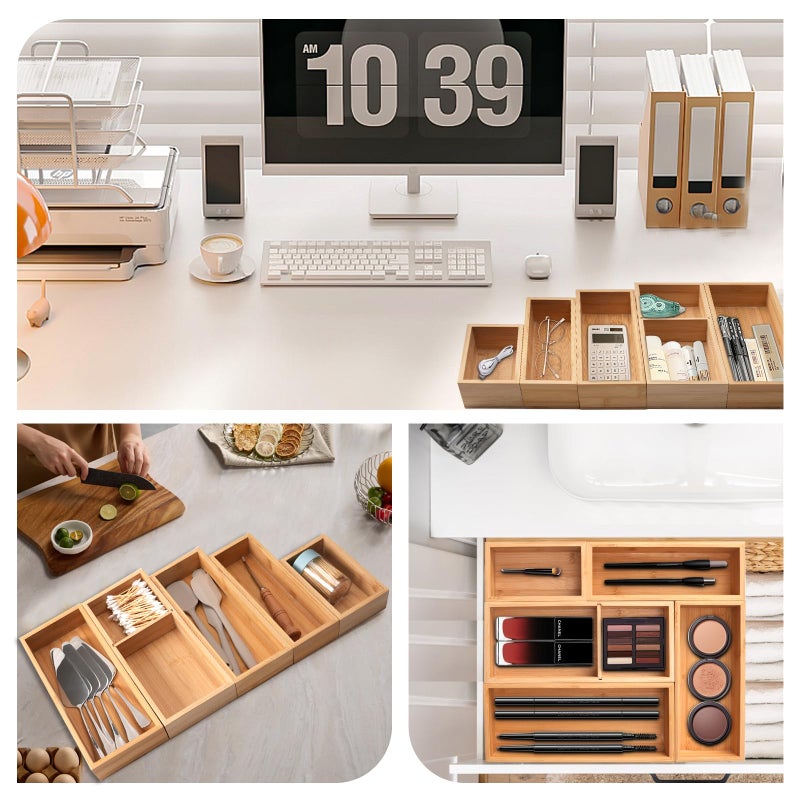 Buwheekoki Bamboo Drawer Organizer 5 Pcs for Kitchen Multi-purpose Storage Dividers for Kitchen, Office, Jewelry, Cosmetics, Wooden Drawer Dividers for Drawer Organizer Desk Organizer Gift for Women Gifts Idea - Image 3