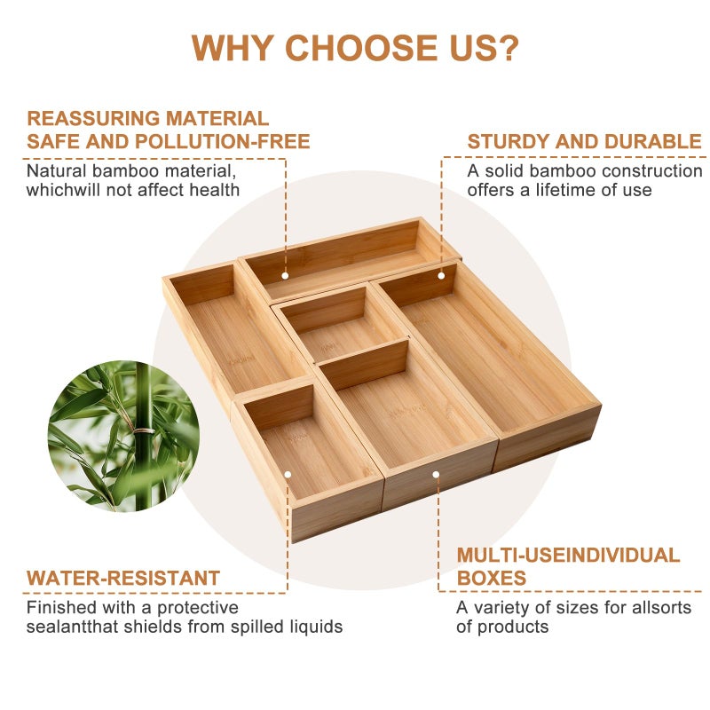 Buwheekoki Bamboo Drawer Organizer 5 Pcs for Kitchen Multi-purpose Storage Dividers for Kitchen, Office, Jewelry, Cosmetics, Wooden Drawer Dividers for Drawer Organizer Desk Organizer Gift for Women Gifts Idea - Image 5