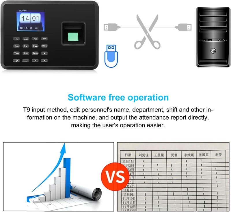 klarako Attendance Machine, 2.4in Attendance Machine Fingerprint Biometric TFT Colou, Time Clock for Employees Small Business(US-black) - Image 4