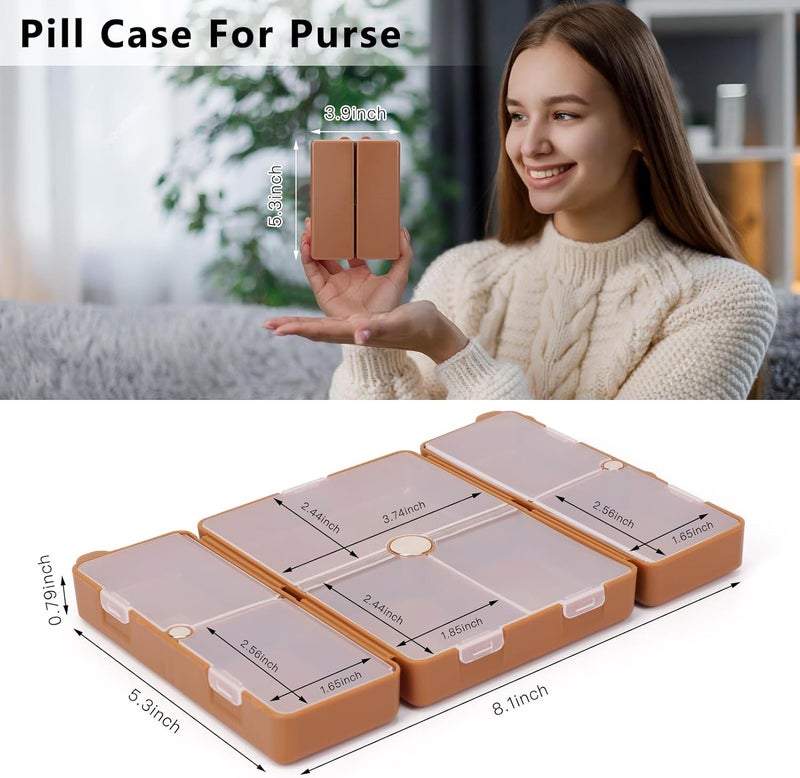 FYY Daily Pill Organizer,7 Compartments Portable Case for Travel,[Folding Design] for Purse Pocket to Hold Vitamins,Cod Liver Oil,Supplements and Medication-Brown - Image 3