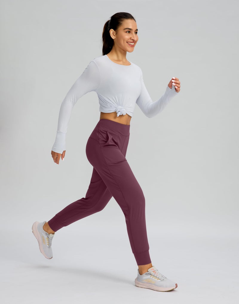 Soothfeel Women's Joggers with Zipper Pockets High Waisted Athletic Workout Yoga Pants Joggers for Women Petite (Wine, M) - Image 3