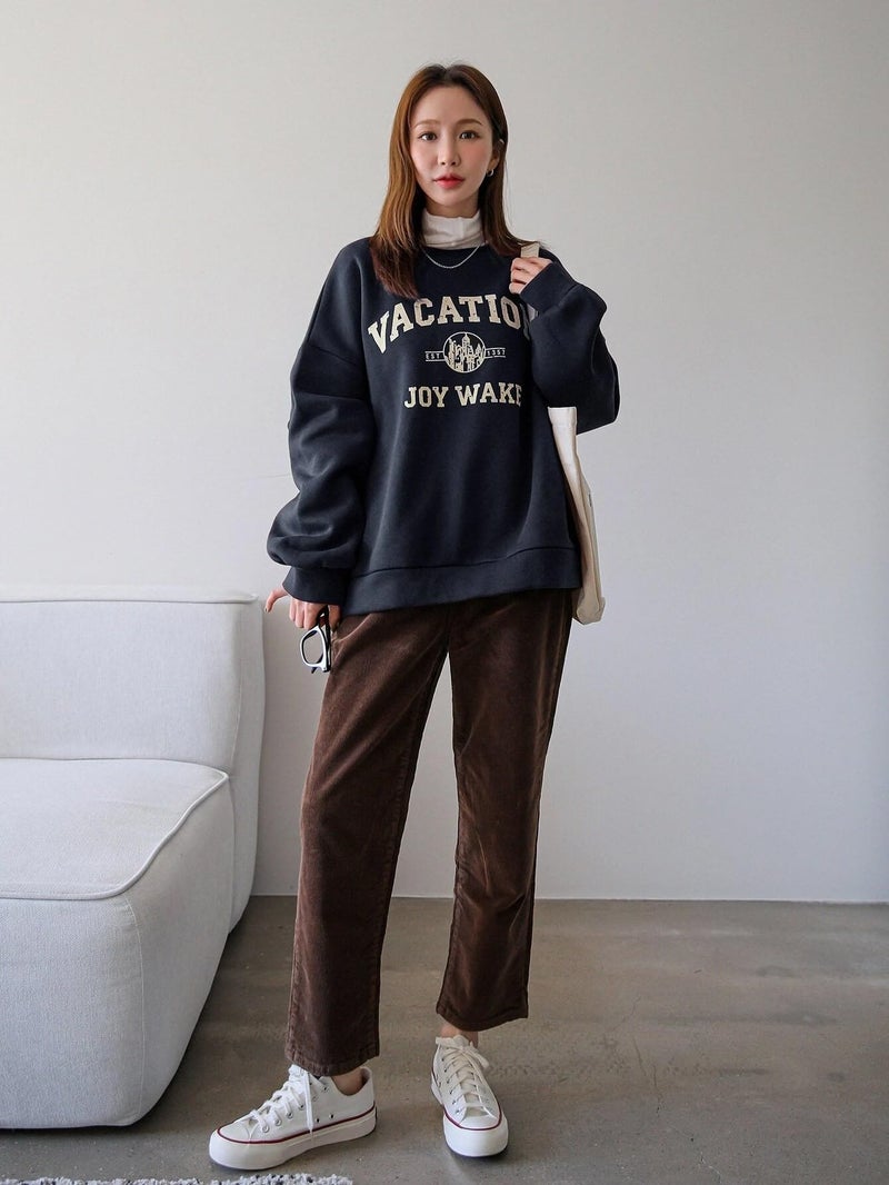 SXV STYLE 'Vacation Joy Wake'Fleece Printed Cool Aesthetic Drop Shoulder Oversized Round Neck Regular Fit Sweatshirt for Unisex (Medium, Navy Blue) - Image 4