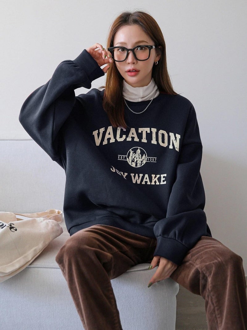 SXV STYLE 'Vacation Joy Wake'Fleece Printed Cool Aesthetic Drop Shoulder Oversized Round Neck Regular Fit Sweatshirt for Unisex (Medium, Navy Blue) - Image 3
