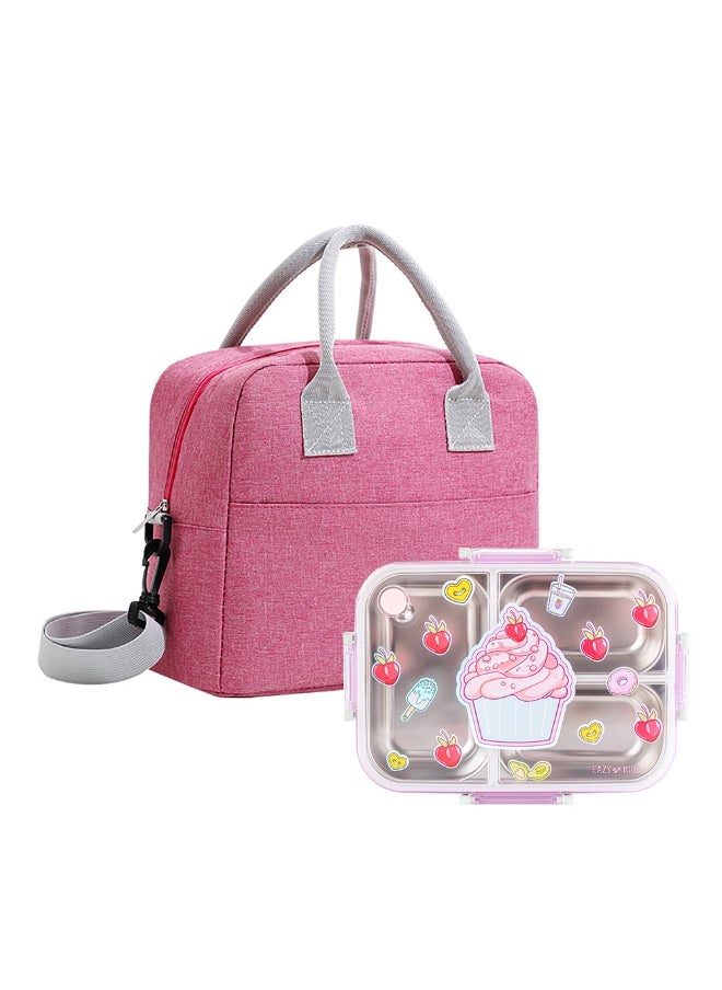 Eazy Kids Eazy Kids 3 Compartment Stainless Steel bento Lunch Box 800ml w/ Lunch Bag - Cup Cake Purple  - Image 1
