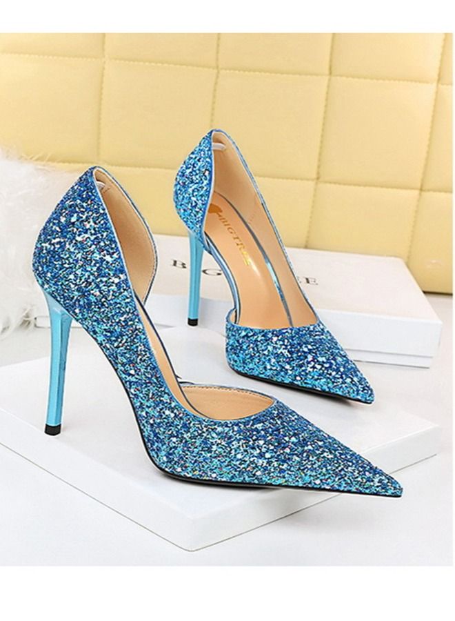 BIGTREE Pointed Side Cut-Out Shiny Sequin High Heels 10.5CM Blue  - Image 2